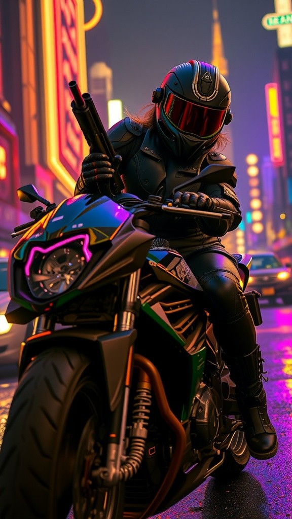 Futuristic Motor Sport: Pria Macho with Gun Riding the Streets