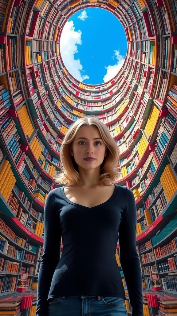 Spirals of Books and Balloons in Blue Skies
