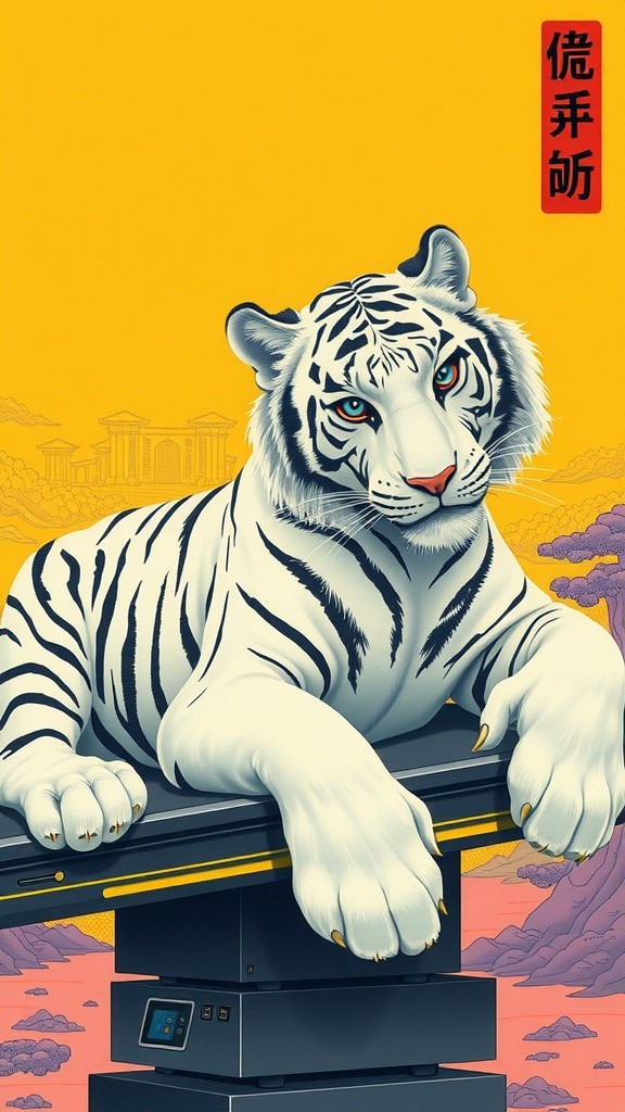 Elegancia Futurista: El Tigre Blanco en Escenario Místico