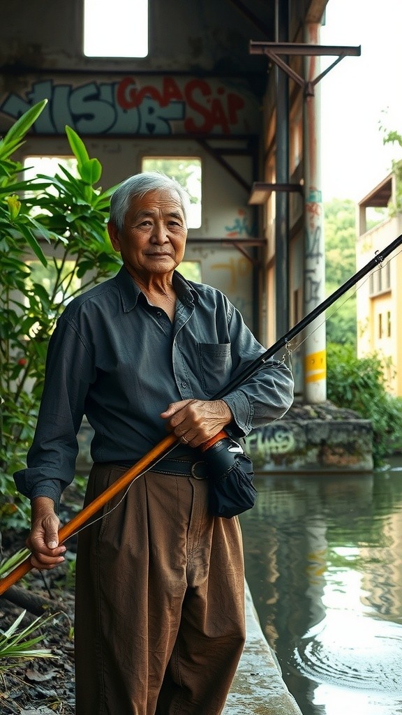 Ketekunan Kakek Tua Mencari Ikan di Bendungan