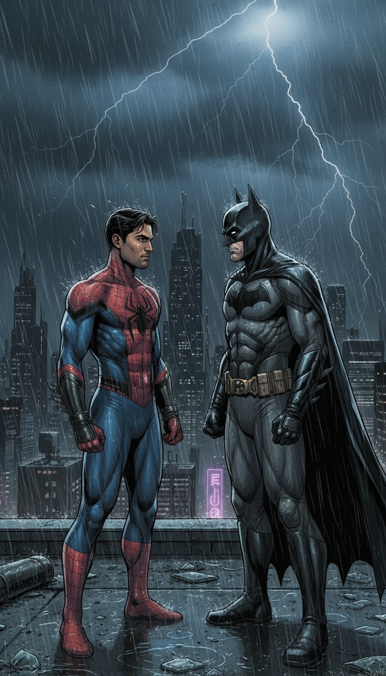 Rooftop Showdown: Spider-Man vs. Batman