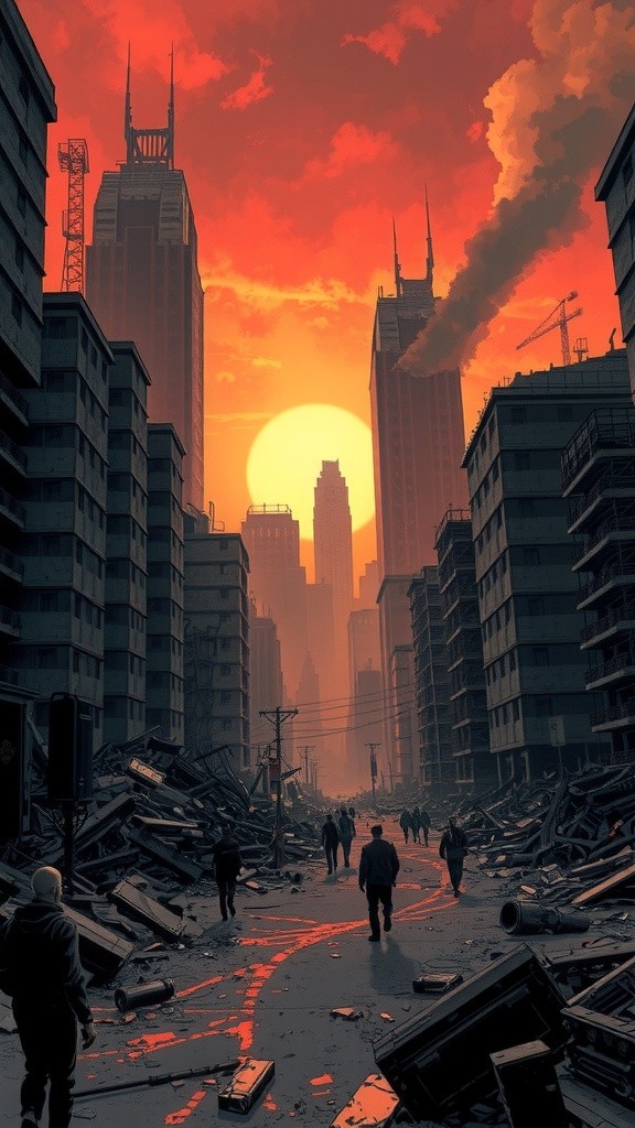 Epic Clash: Gundam vs. Dark Monster in Ruined City