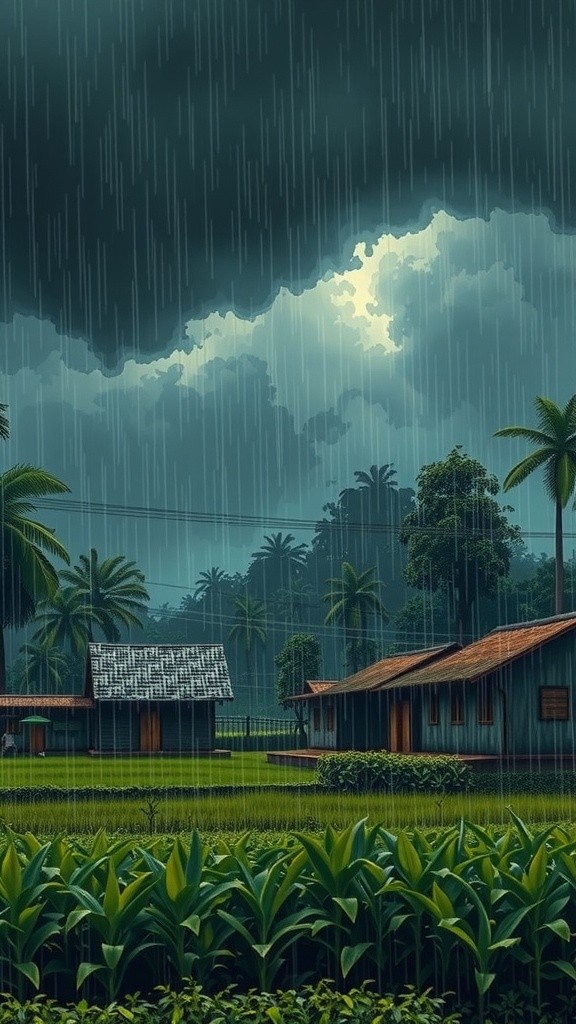 مون سون بارش میں پُرسکون گاؤں کا منظر