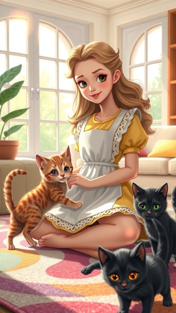 A Little Girl and Her Kittens