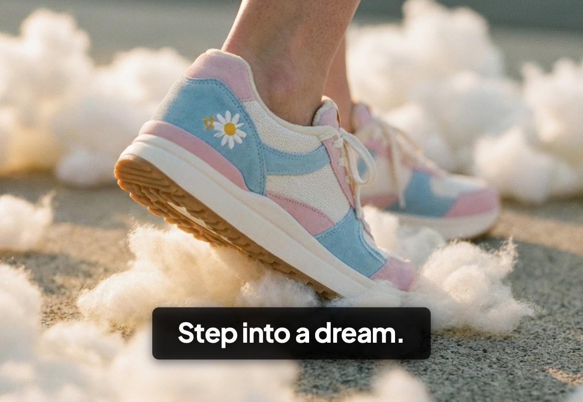 Pastel sneaker on beach with waves and text overlay 'Step into a dream'