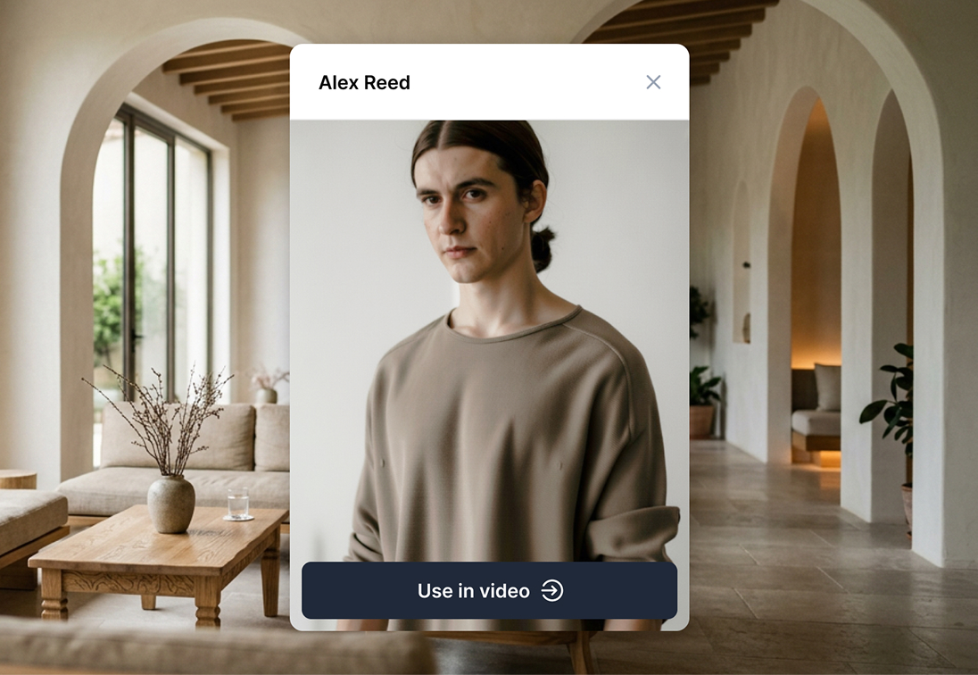 Hypernatural character selection modal showing a character named Alex Reed with a Use in video button