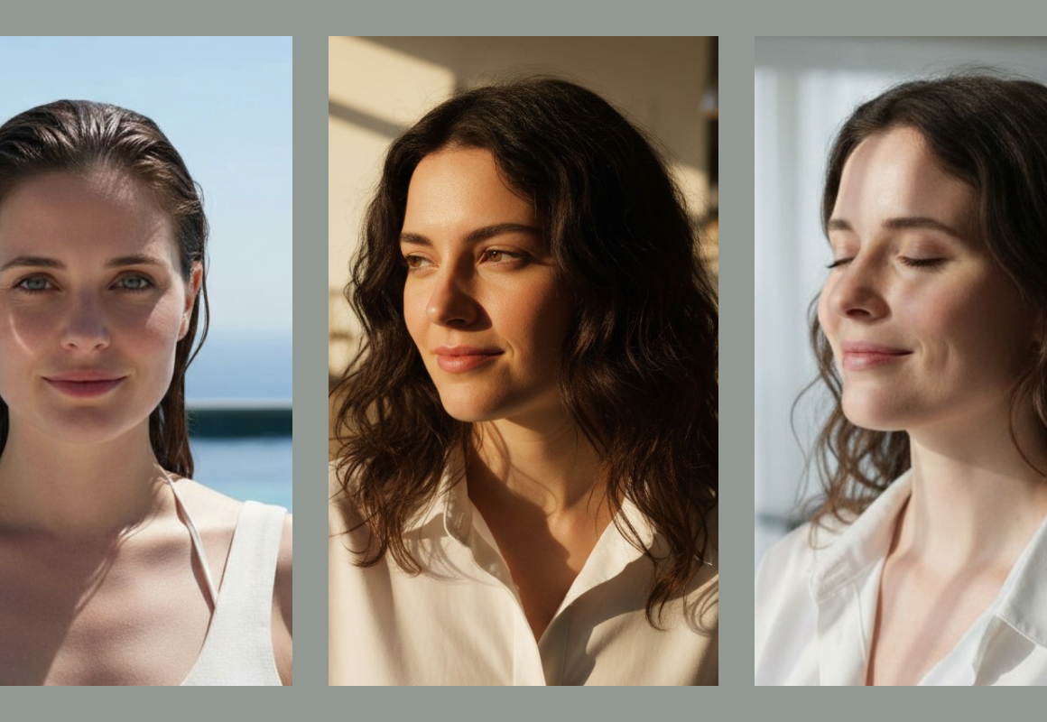 Three portrait variations of the same woman in different lighting and settings