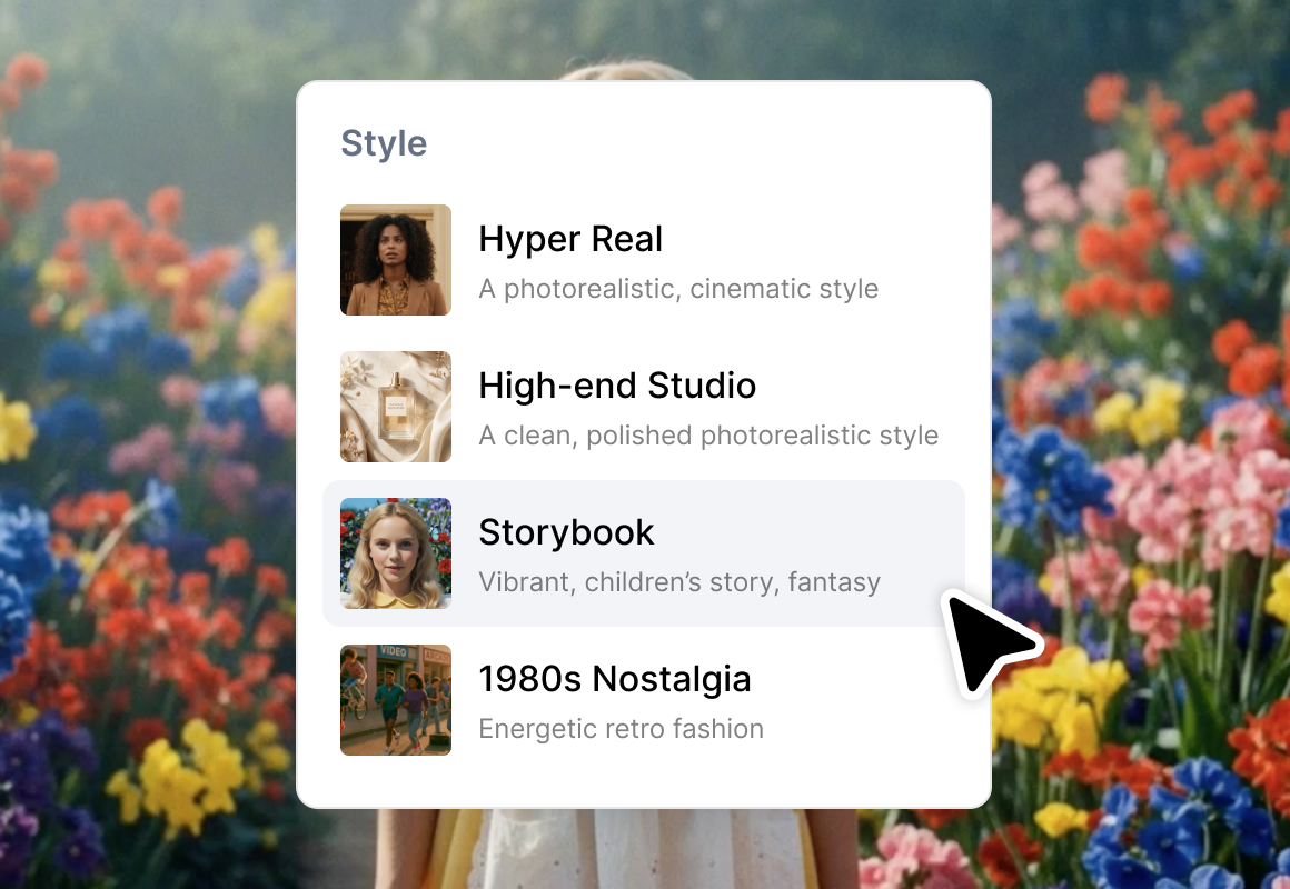 Hypernatural style selection interface showing Hyper Real, High-end Studio, Storybook, and 1980s Nostalgia options