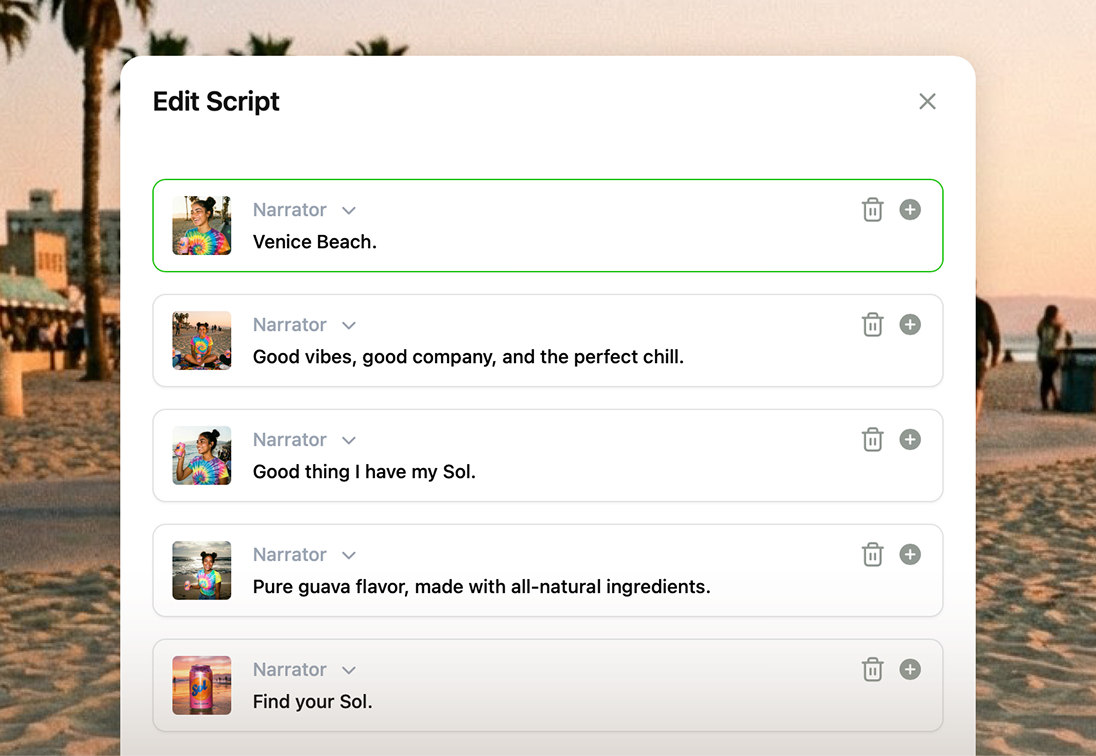 Hypernatural Edit Script modal showing a list of narrator lines for a video about Venice Beach and Sol drink