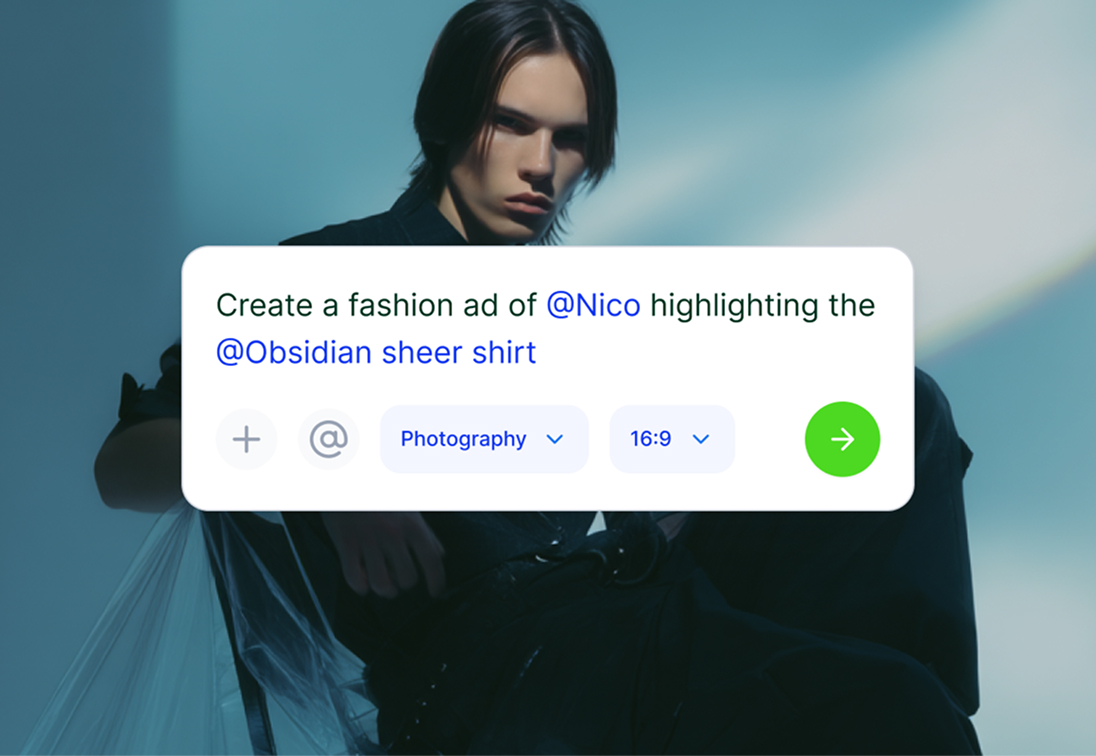 Hypernatural prompt input showing a fashion ad creation prompt mentioning @Nico and @Obsidian sheer shirt