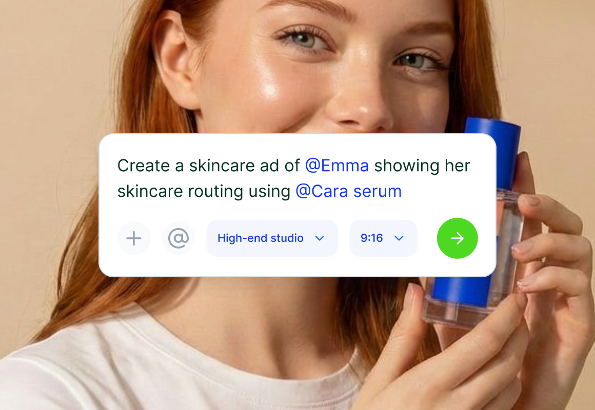 Hypernatural script input interface showing skincare ad creation with @Emma and @Cara serum mentions