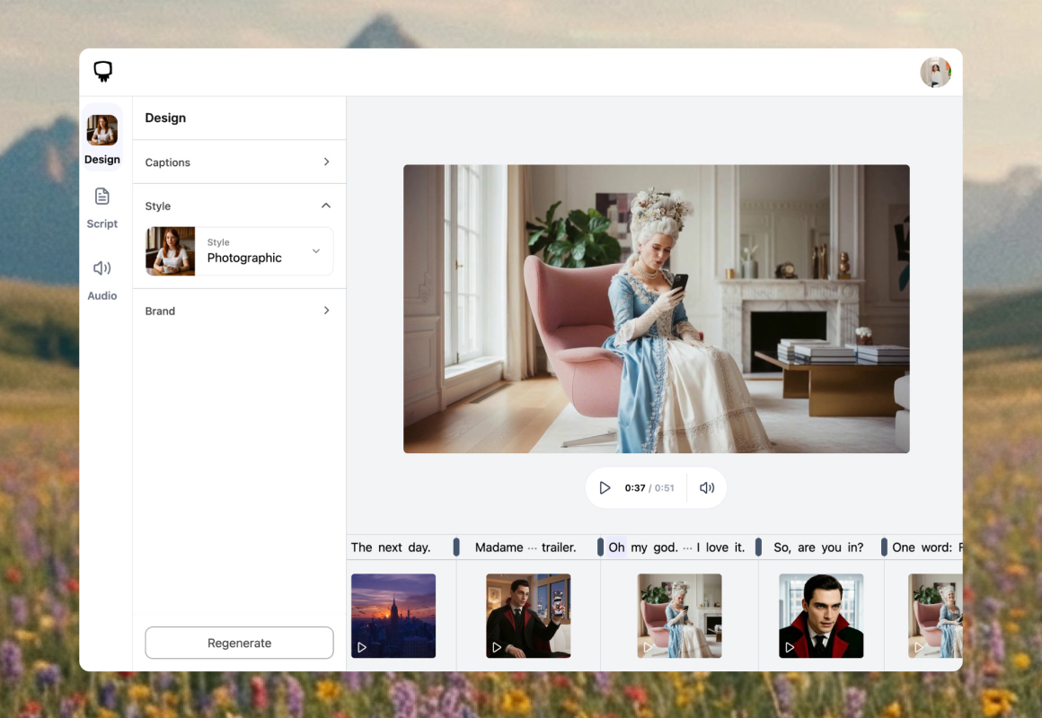Hypernatural main editor interface showing Design tab with timeline and video preview