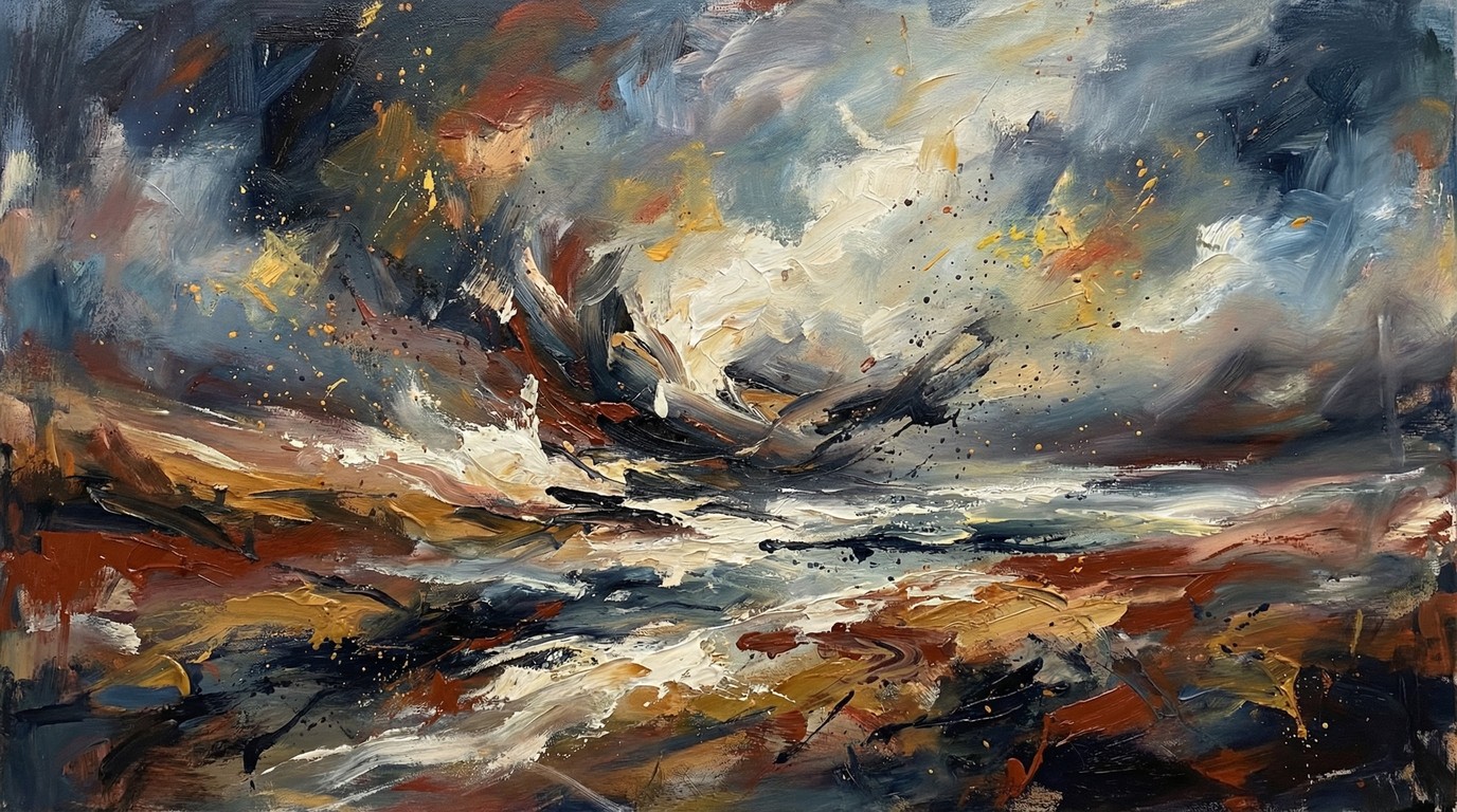 Abstract Expressionist Painting Inspired landscape style with bold gestural brushstrokes and dramatic color fields