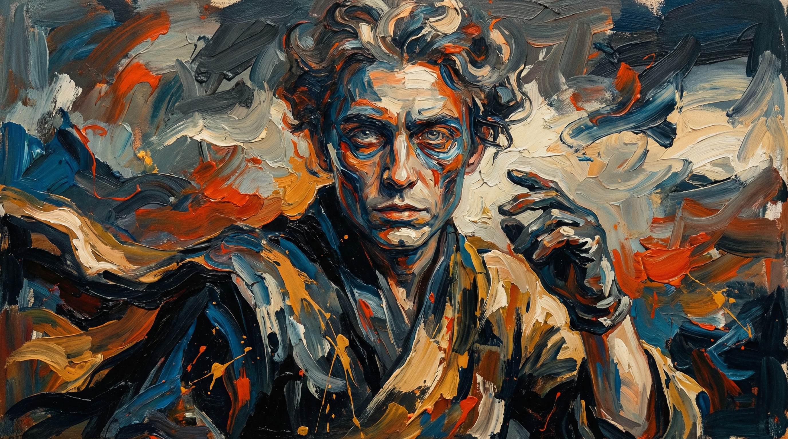 Abstract Expressionist Painting Inspired portrait style with bold gestural brushstrokes and dramatic color fields