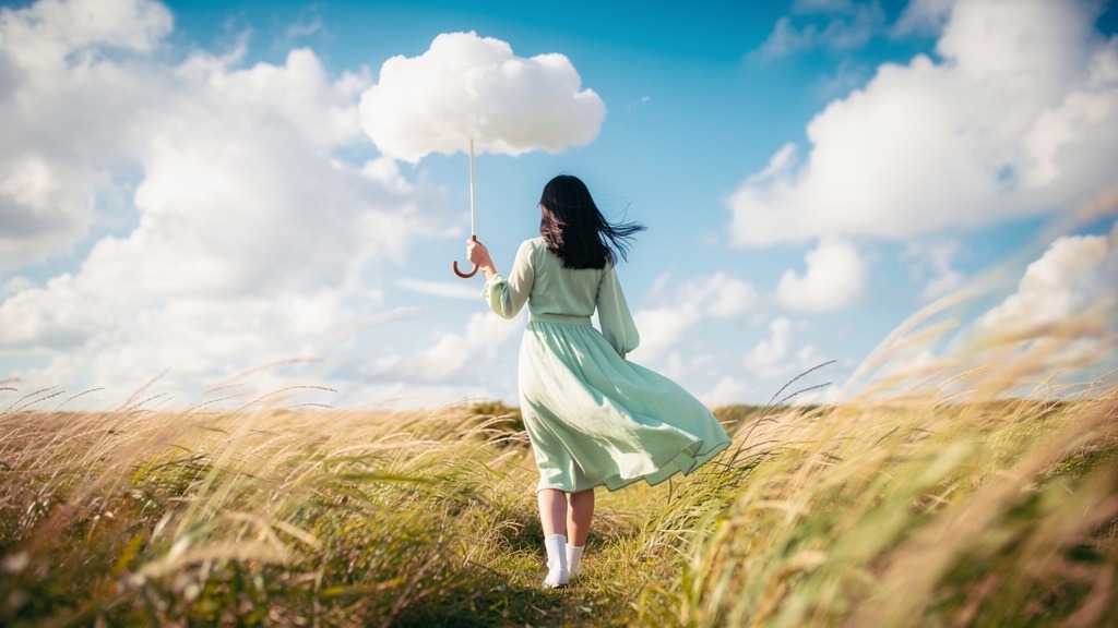 A woman in a green dress holding a cloud like an umbrella walking through windblown grass toward a cliff edge
