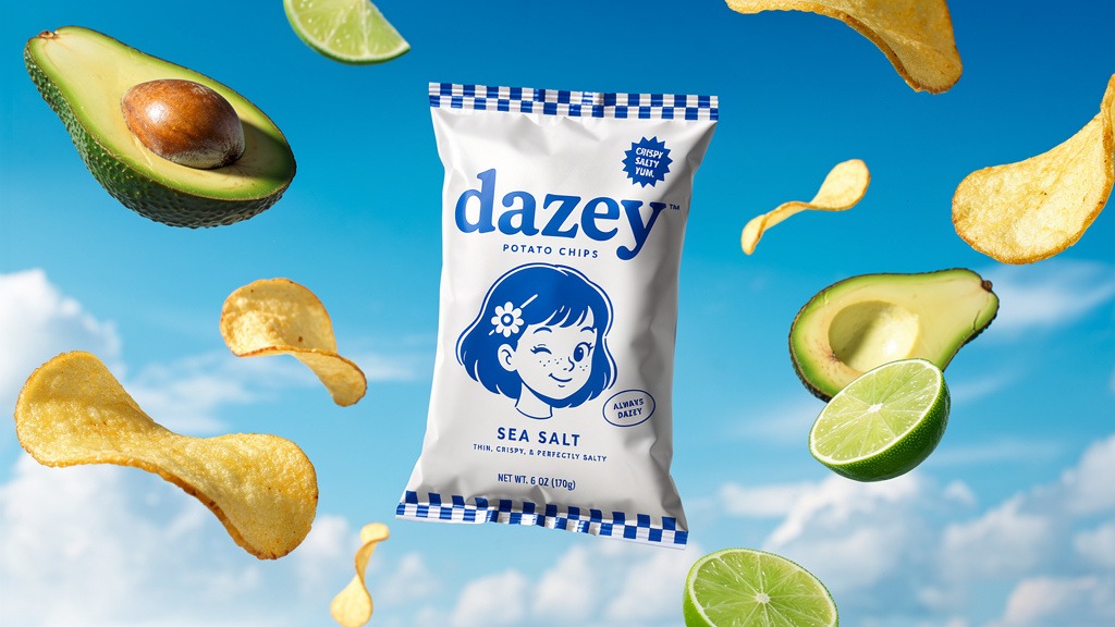 A Dazey Sea Salt potato chips bag floating in a bright blue sky with chips, avocado halves, and lime wedges drifting around it
