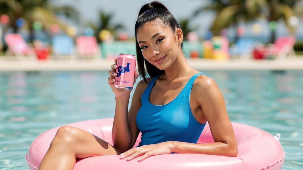 A woman in a pink pool floatie at a sunlit pool smiling and holding a pink Sol soda can