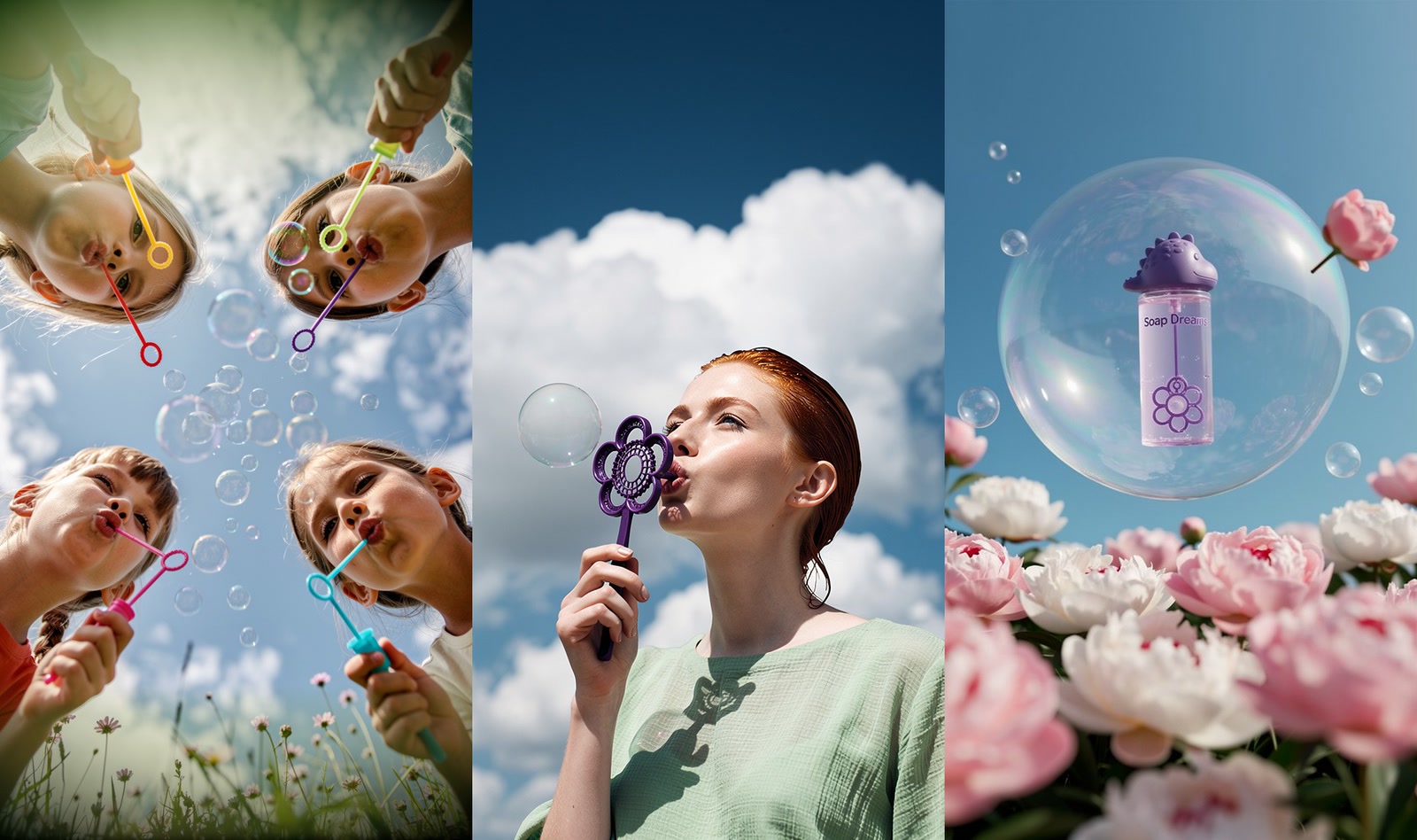 Three Flux 2 Pro stills side by side: four children blowing bubbles seen from below, a red-haired woman blowing a large soap bubble from a flower-shaped wand, and a Soap Dreams bottle floating inside a bubble above pink peonies