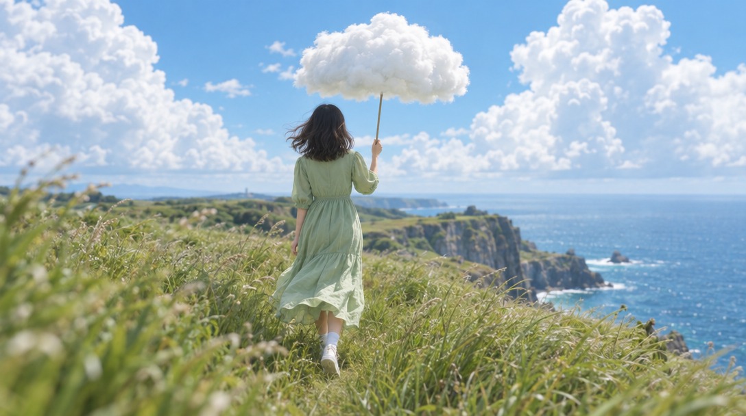 A woman in a pale green dress walking through windblown grass on a clifftop above a rocky coastline, holding a cloud like an umbrella
