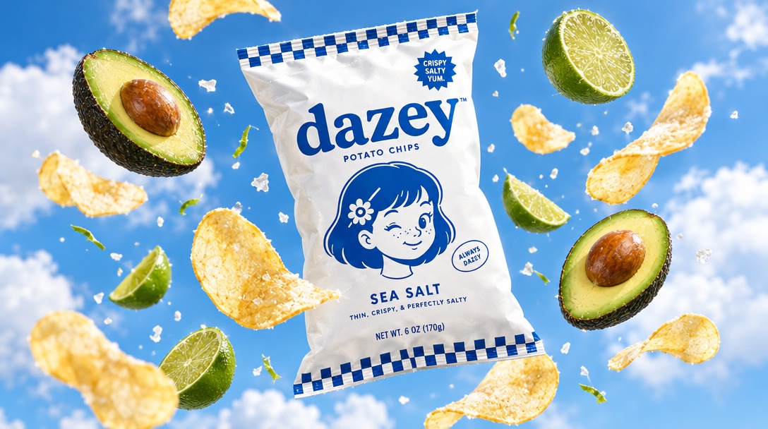 A Dazey sea salt potato chips bag floating in a blue sky among avocado and lime halves, chips, and flakes of salt