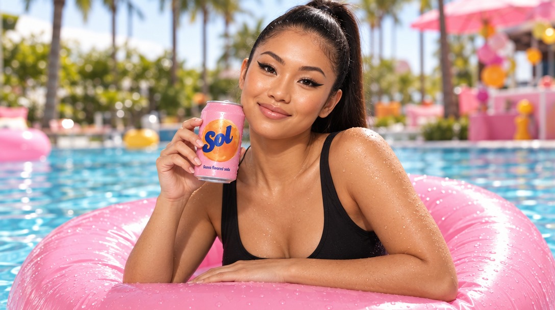 A smiling woman with a high ponytail resting on a pink pool float, holding a pink Sol soda can at a palm-lined poolside party