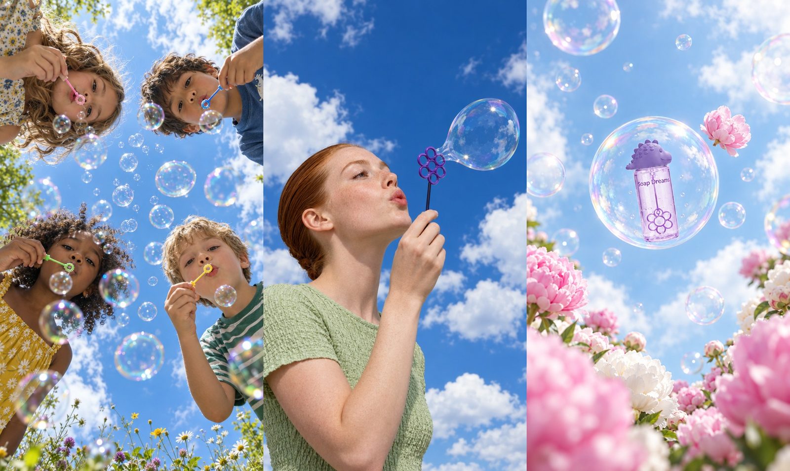 Three GPT Image 2.5 stills in a row: four children leaning over the camera to blow bubbles against a bright sky, a freckled red-haired woman blowing a soap bubble through a purple flower-shaped wand, and a Soap Dreams bottle with a purple dinosaur cap floating inside a bubble over pink and white peonies