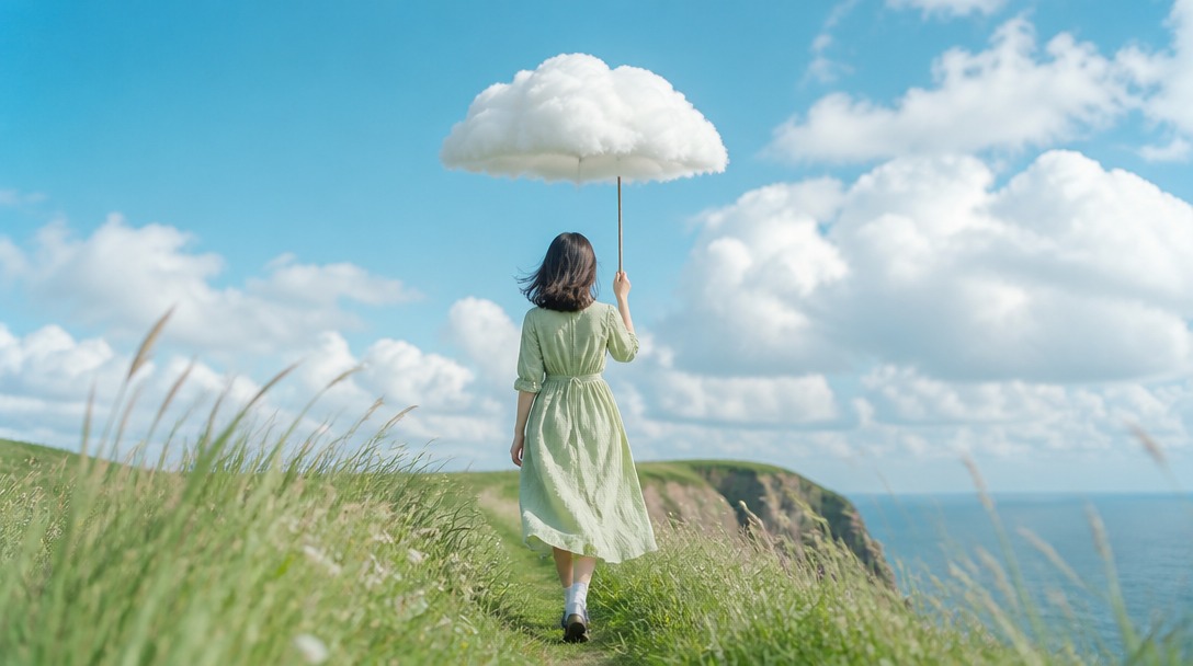 A woman in a pale green dress walking a grassy clifftop path toward the sea, holding a cloud on a stick like an umbrella