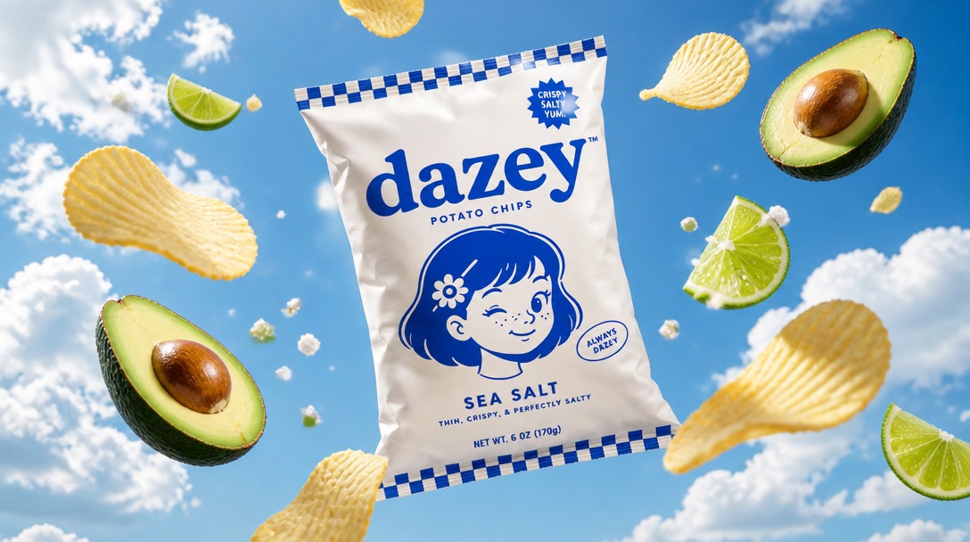 A Dazey sea salt potato chips bag floating in a blue sky among avocado halves, lime wedges, and ruffled chips
