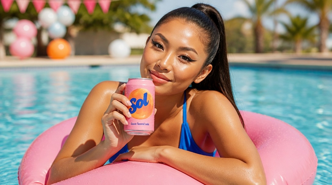 A woman with a high ponytail leaning on a pink pool float, smiling and holding up a pink Sol soda can, with pink bunting and balloons behind the pool