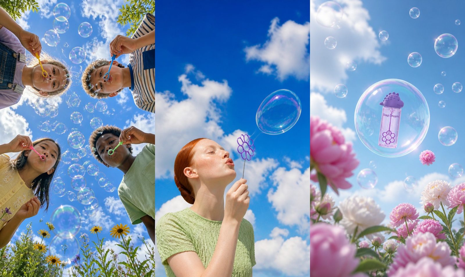 Three GPT Image 2 stills in a row: four children leaning over the camera to blow bubbles above sunflowers, a red-haired woman blowing a soap bubble through a purple flower-shaped wand, and a Soap Dreams bottle with a purple dinosaur cap floating inside a bubble over pink peonies