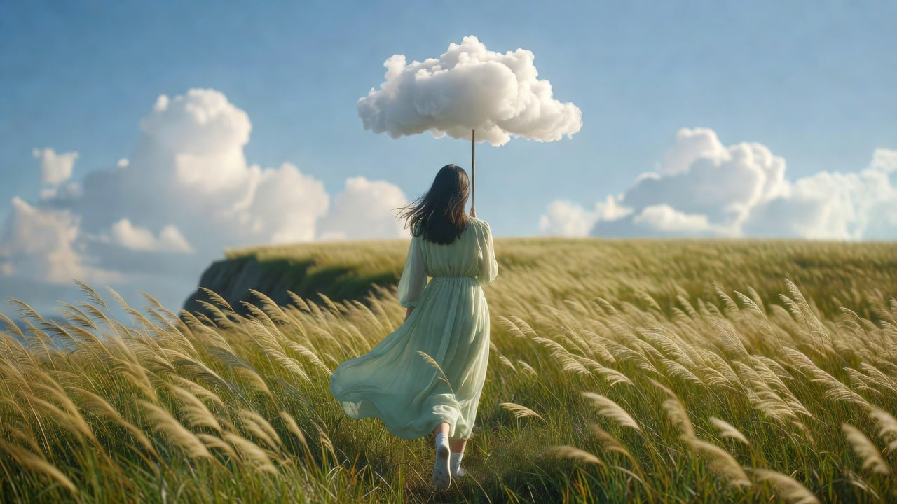 A woman in a pale green dress holding a cloud like an umbrella, walking through windblown grass toward a cliff edge