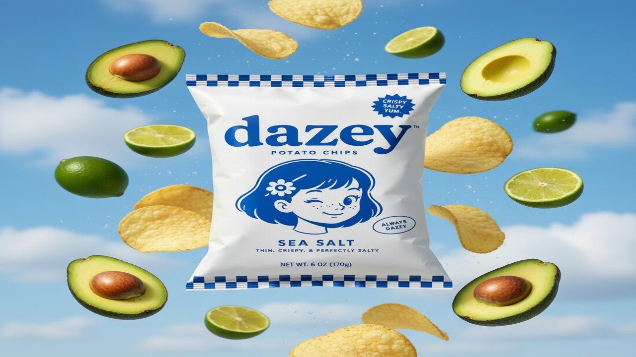 A Dazey sea salt potato chips bag floating in a bright blue sky with chips, avocado halves, and limes drifting around it