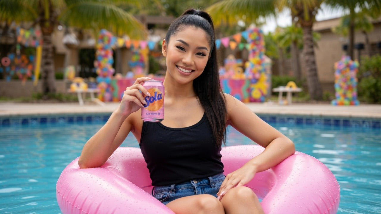 A woman with a high ponytail sitting in a pink pool floatie at a sunlit poolside party, smiling and holding a pink Sola soda can to the camera