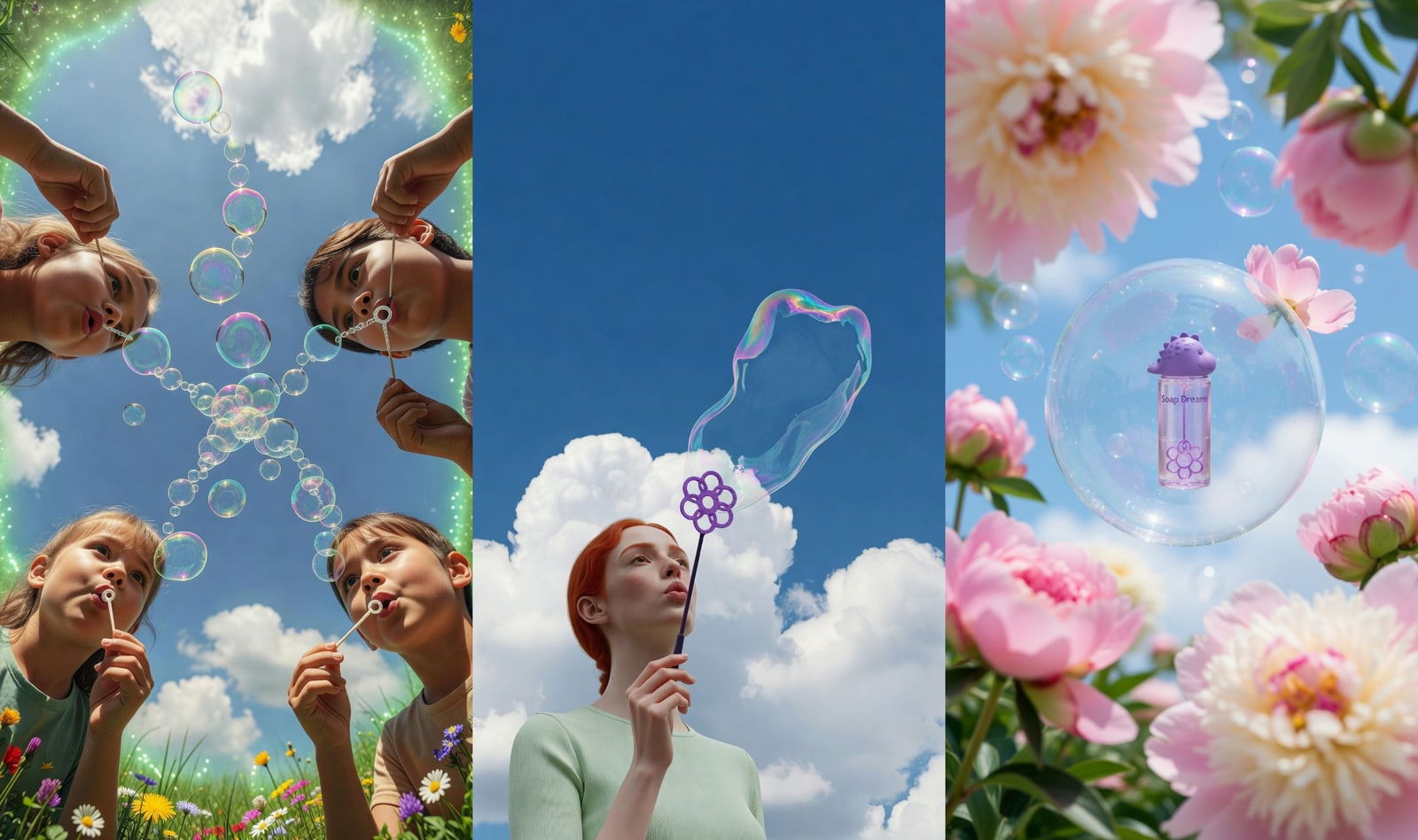 Three Grok Imagine stills side by side: four children blowing bubbles seen from below, a woman blowing a soap bubble from a flower-shaped wand, and a Soap Dreams bottle floating inside a bubble above pink peonies