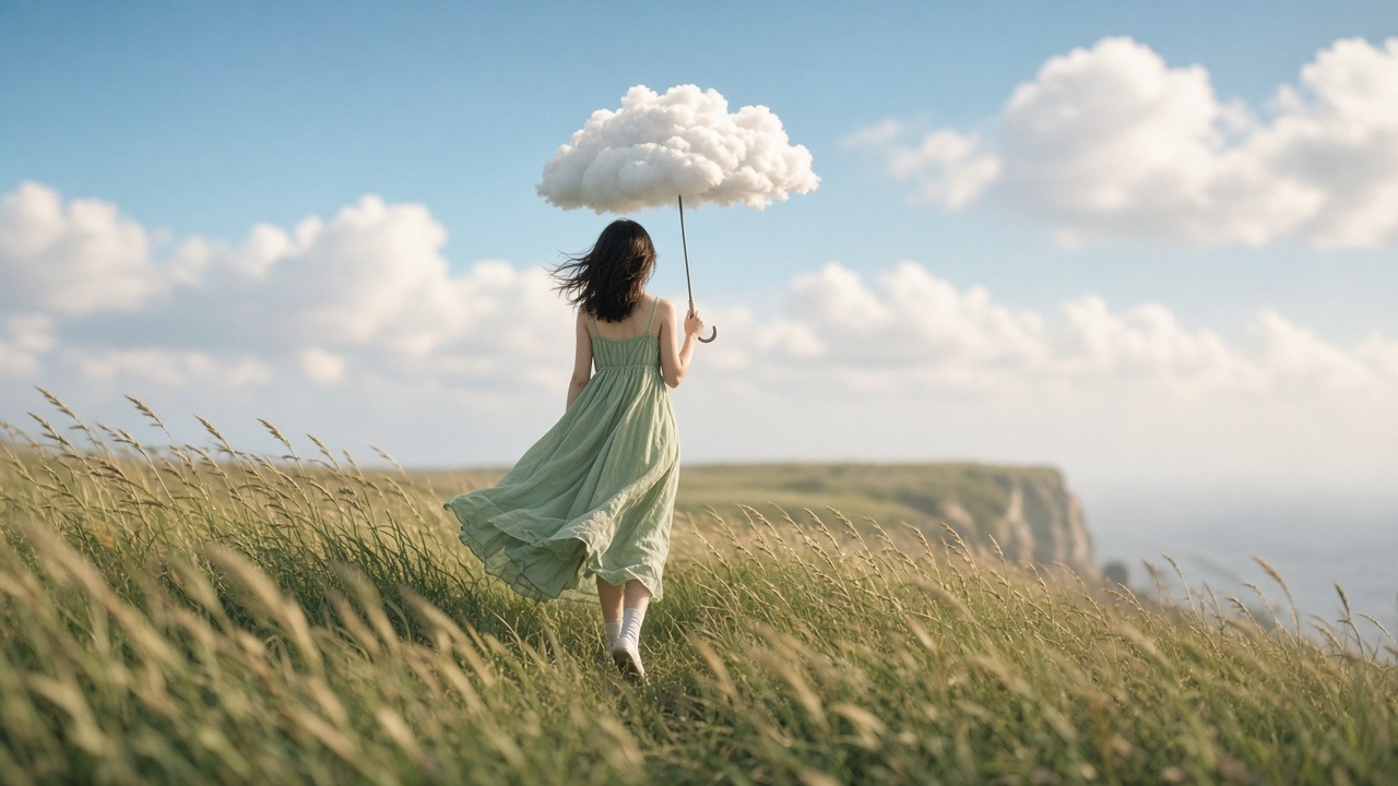 A woman in a pale green dress and white socks holding a cloud like an umbrella, walking through windblown grass toward a cliff edge
