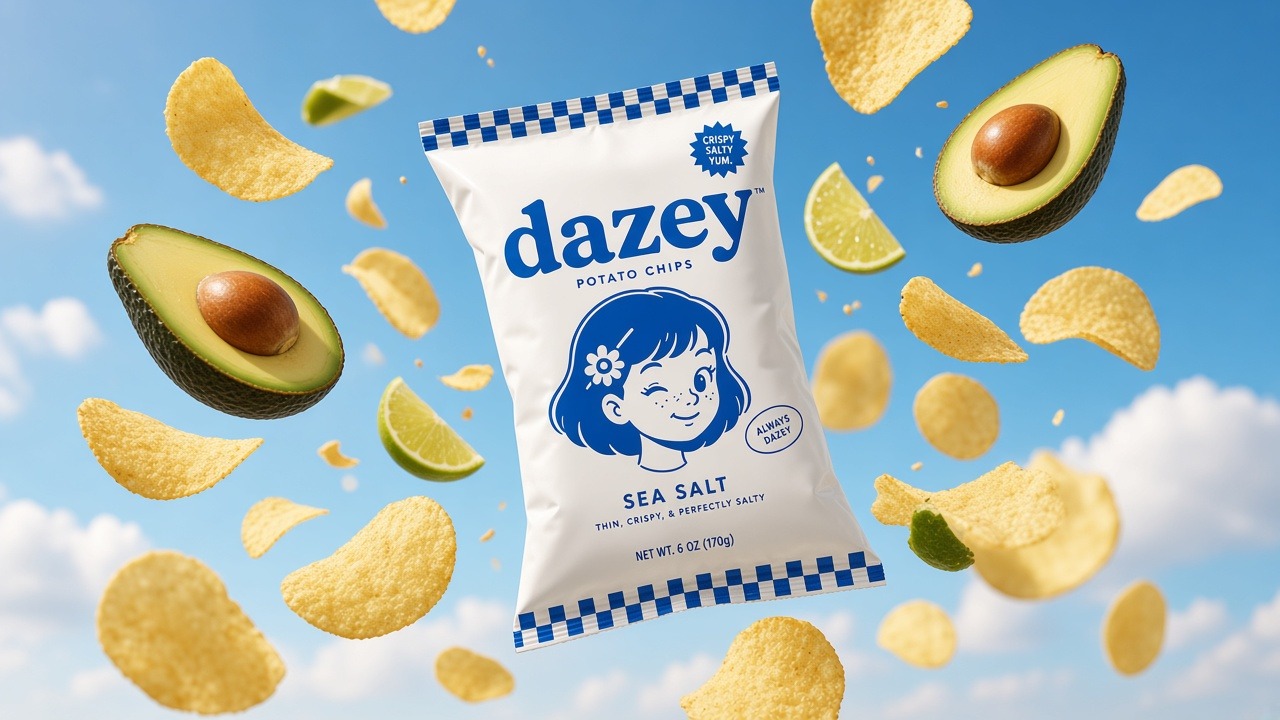 A Dazey sea salt potato chips bag floating in a blue sky with its wordmark, winking-girl mascot and small print all legible, chips, avocado halves, and limes drifting around it