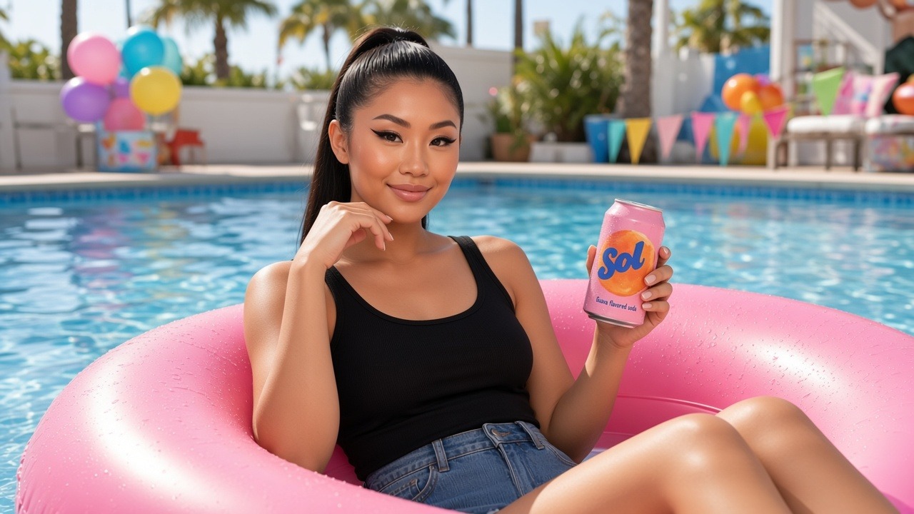 A woman with a high ponytail in a pink pool floatie at a sunlit poolside party, smiling and holding a pink Sol guava soda can to the camera