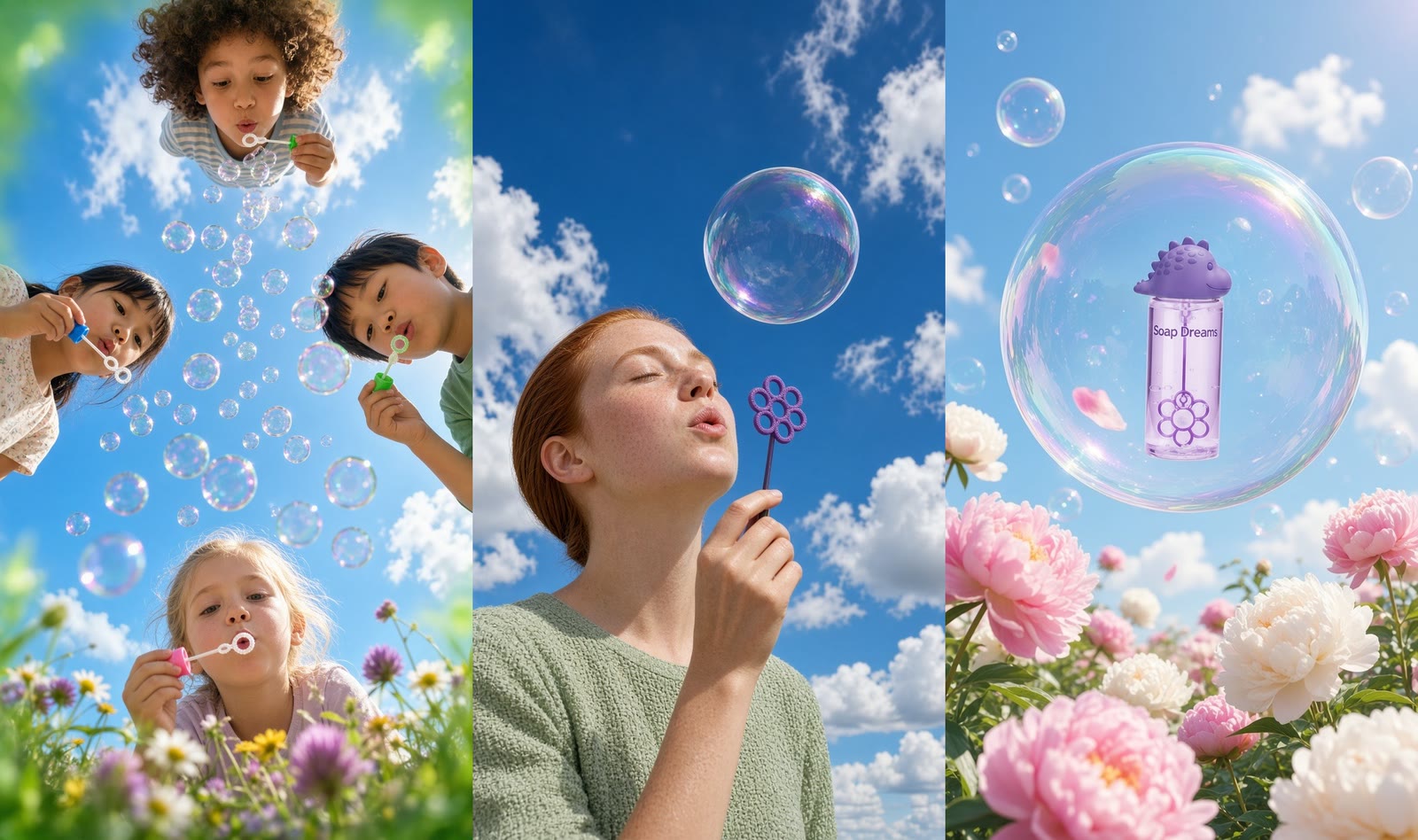 Three Grok Imagine Image 2 stills side by side: four children blowing bubbles seen from below in a wildflower meadow, a red-haired woman blowing a soap bubble from a flower-shaped wand, and a purple Soap Dreams bottle floating inside a bubble above pink peonies