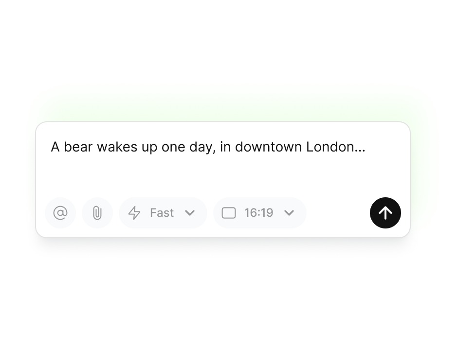 The Hypernatural prompt box reading “A bear wakes up one day, in downtown London”, with speed and aspect ratio controls