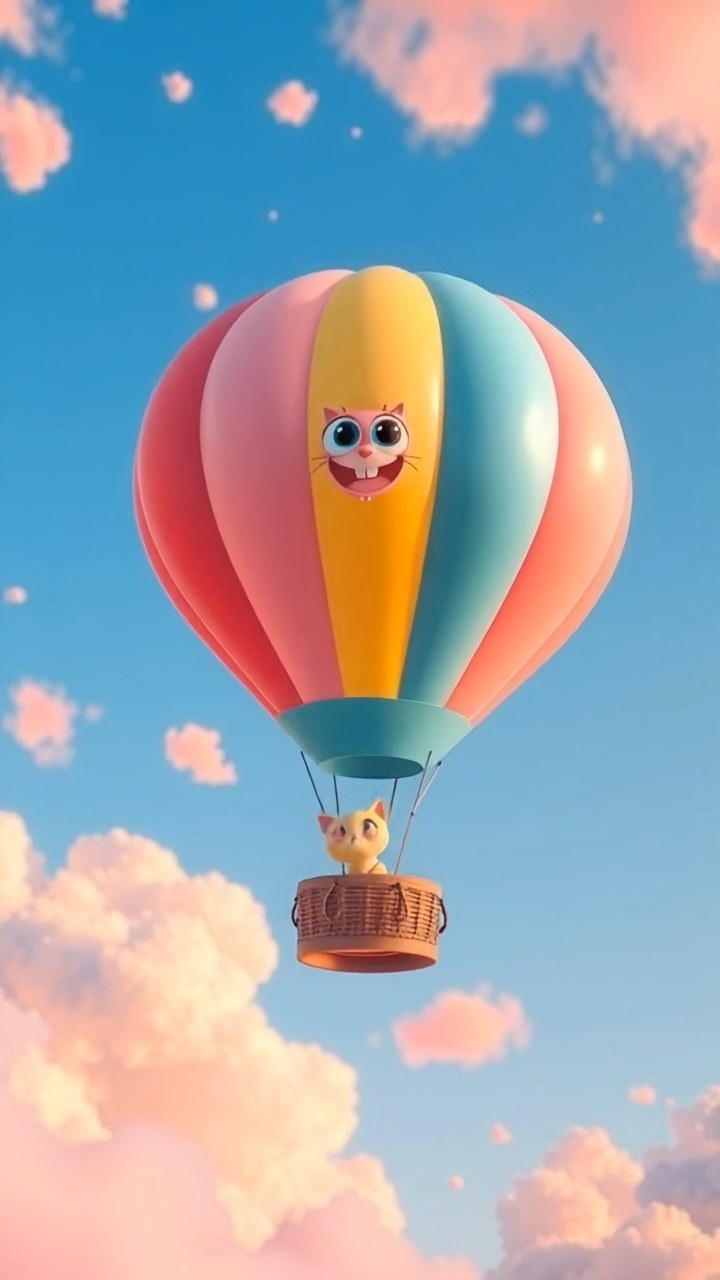 3D animation style: a smiling cat-faced hot air balloon drifting through pink clouds