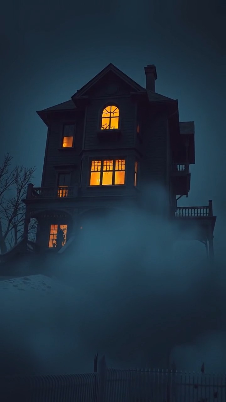 Classic horror style: a dark Victorian house with lit windows standing in heavy fog