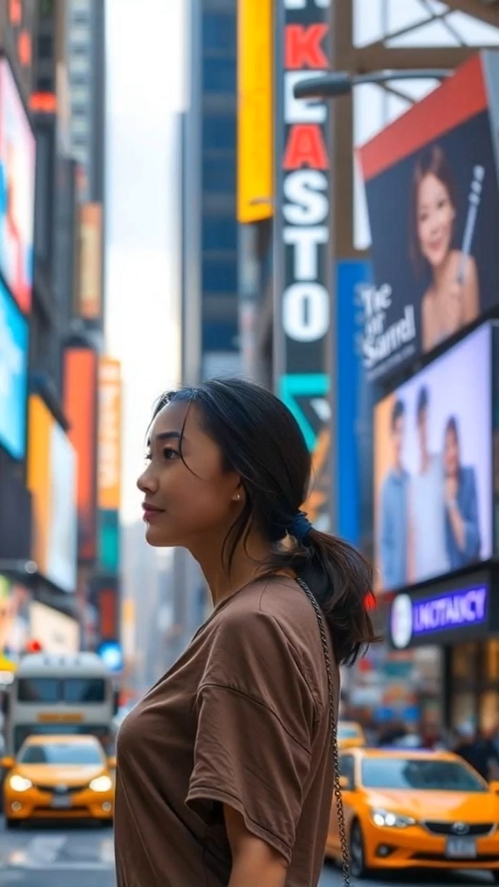 Photographic style: a woman in profile against lit billboards and yellow cabs on a city street