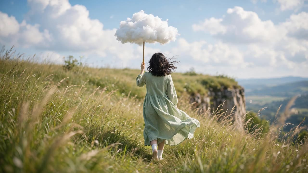 A woman in a pale green dress and white socks walking away through windblown grass toward a cliff edge, holding a small white cloud above her head like an umbrella