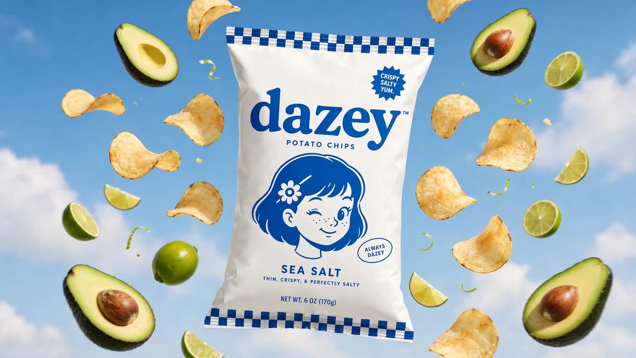 A white and blue Dazey potato chips bag floating in a blue sky with its wordmark, winking-girl mascot, Sea Salt flavour line and net weight small print all legible, chips, lime wedges and avocado halves drifting around it