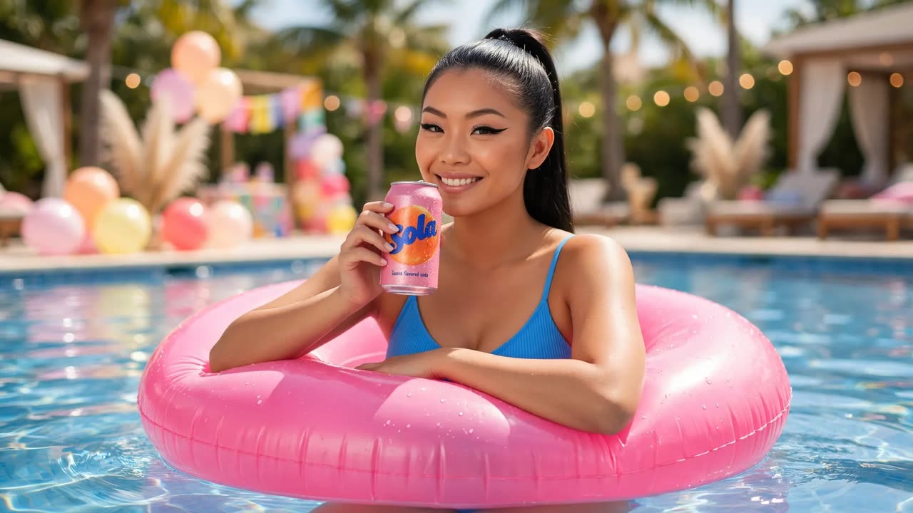 A smiling woman with a high ponytail resting in a pink pool floatie at a sunlit poolside party, holding a pink Sola soda can to the camera