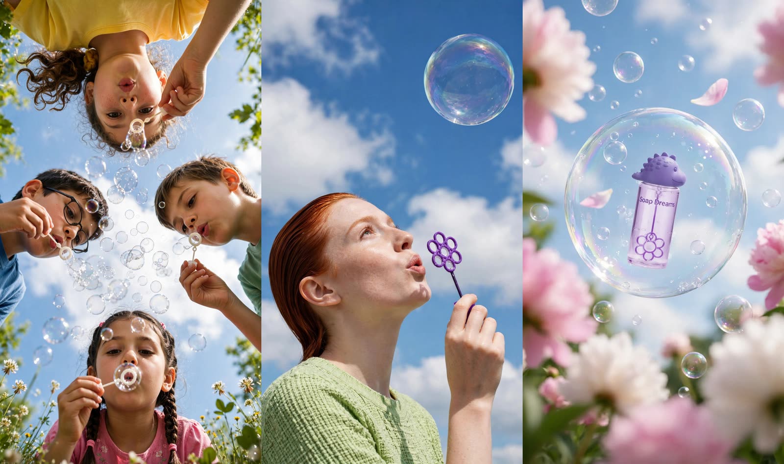 Three Muse Image stills side by side: four children seen from below blowing bubbles against a bright sky, a red-haired woman blowing a soap bubble from a flower-shaped wand, and a purple Soap Dreams bottle floating inside a bubble above pink peonies