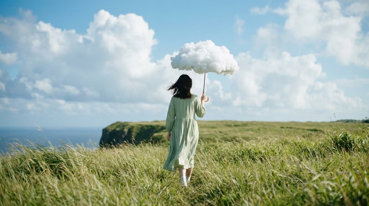 A woman in a green dress holding a cloud like an umbrella, walking through windblown grass toward a cliff edge