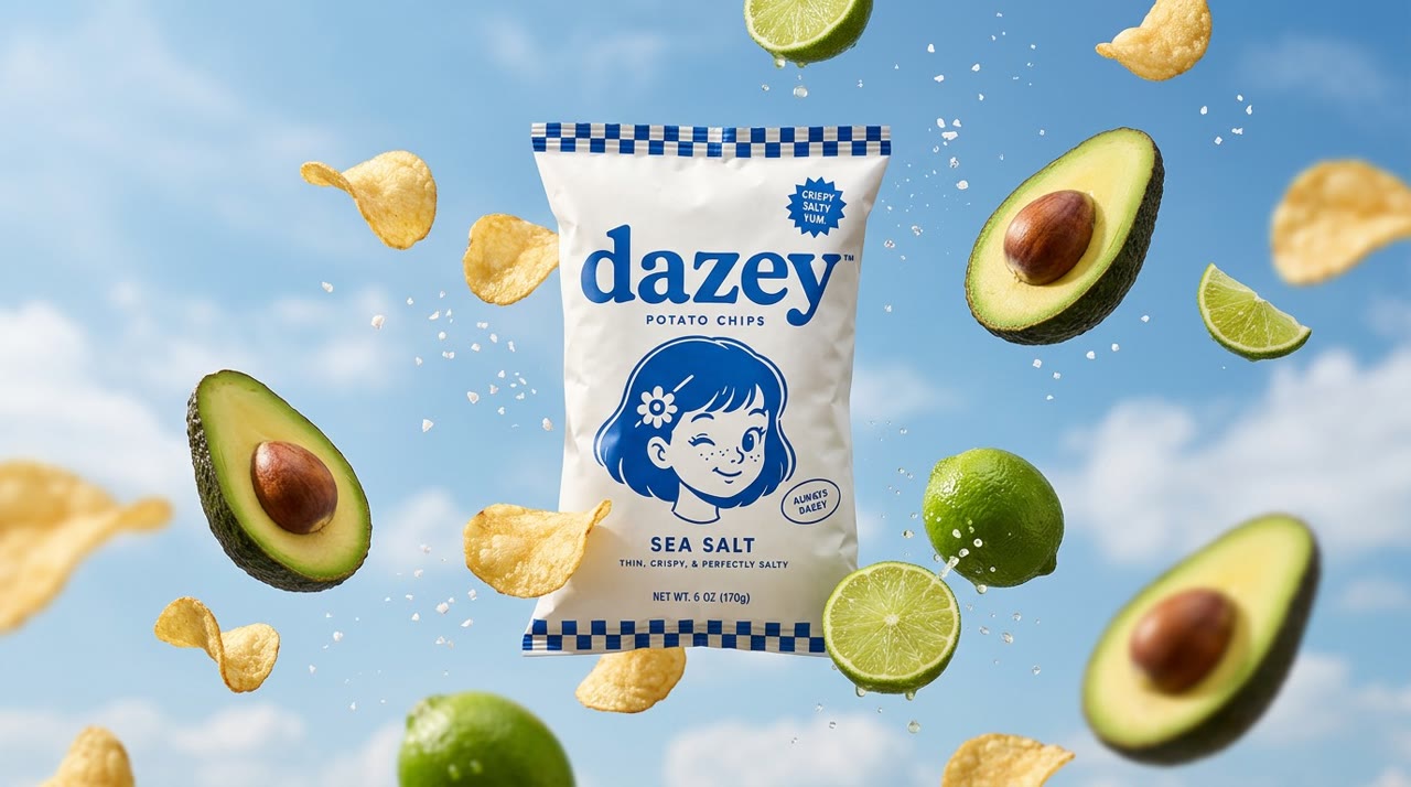 A Dazey Sea Salt potato chips bag floating in a blue sky with chips, avocado halves, and lime wedges drifting around it