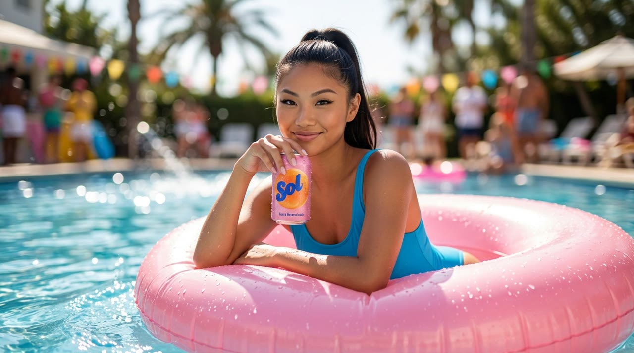A woman in a pink pool floatie at a sunlit pool party smiling and holding a pink Sol soda can