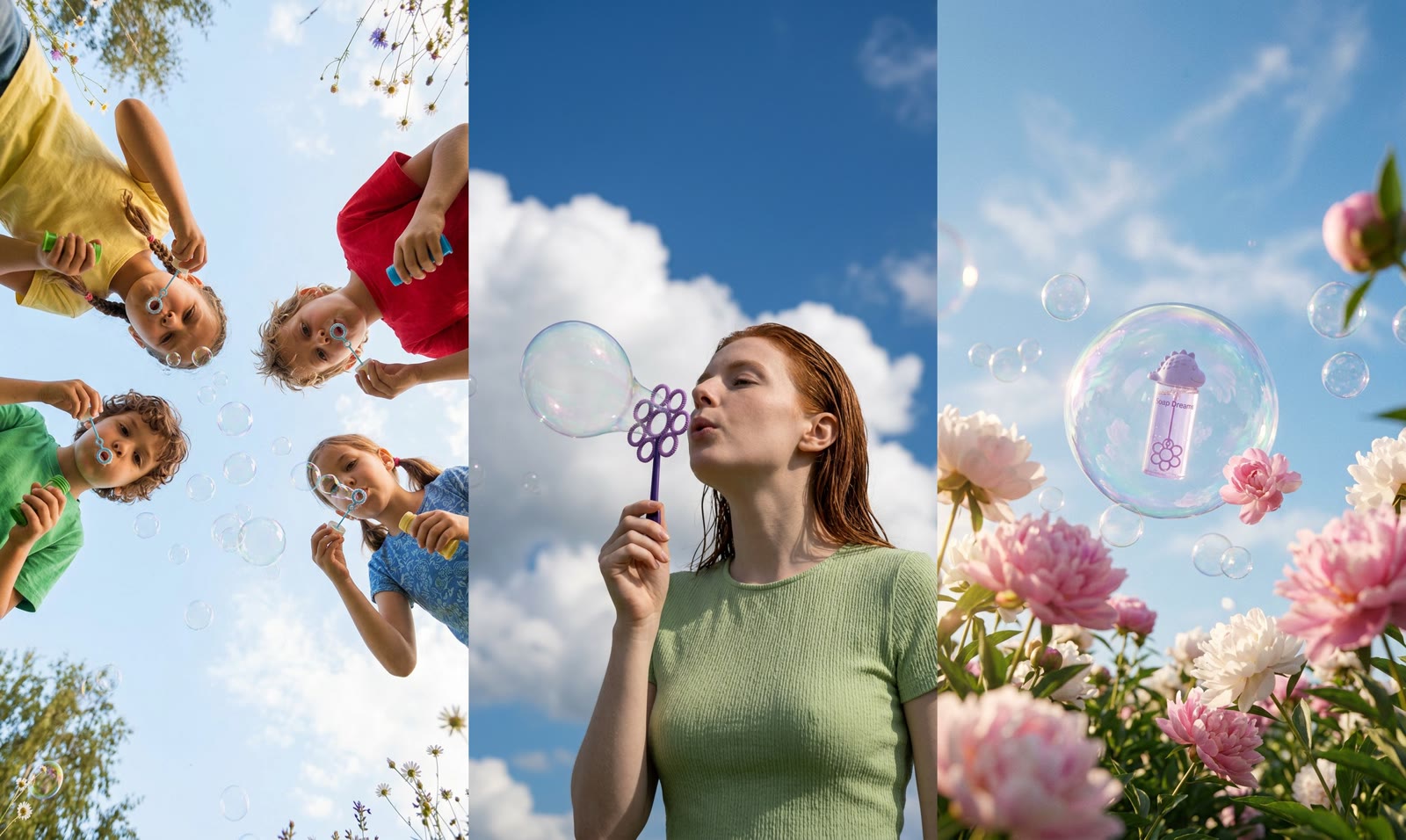 Three Nano Banana 2.1 stills side by side: four children blowing bubbles seen from below, a red-haired woman blowing a large soap bubble from a flower-shaped wand, and a Soap Dreams bottle floating inside a bubble above pink peonies